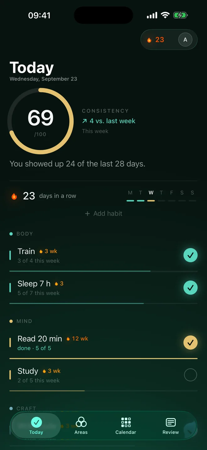 Vualash on an iPhone: the Today screen, with the consistency score, the streak and the day's habits
